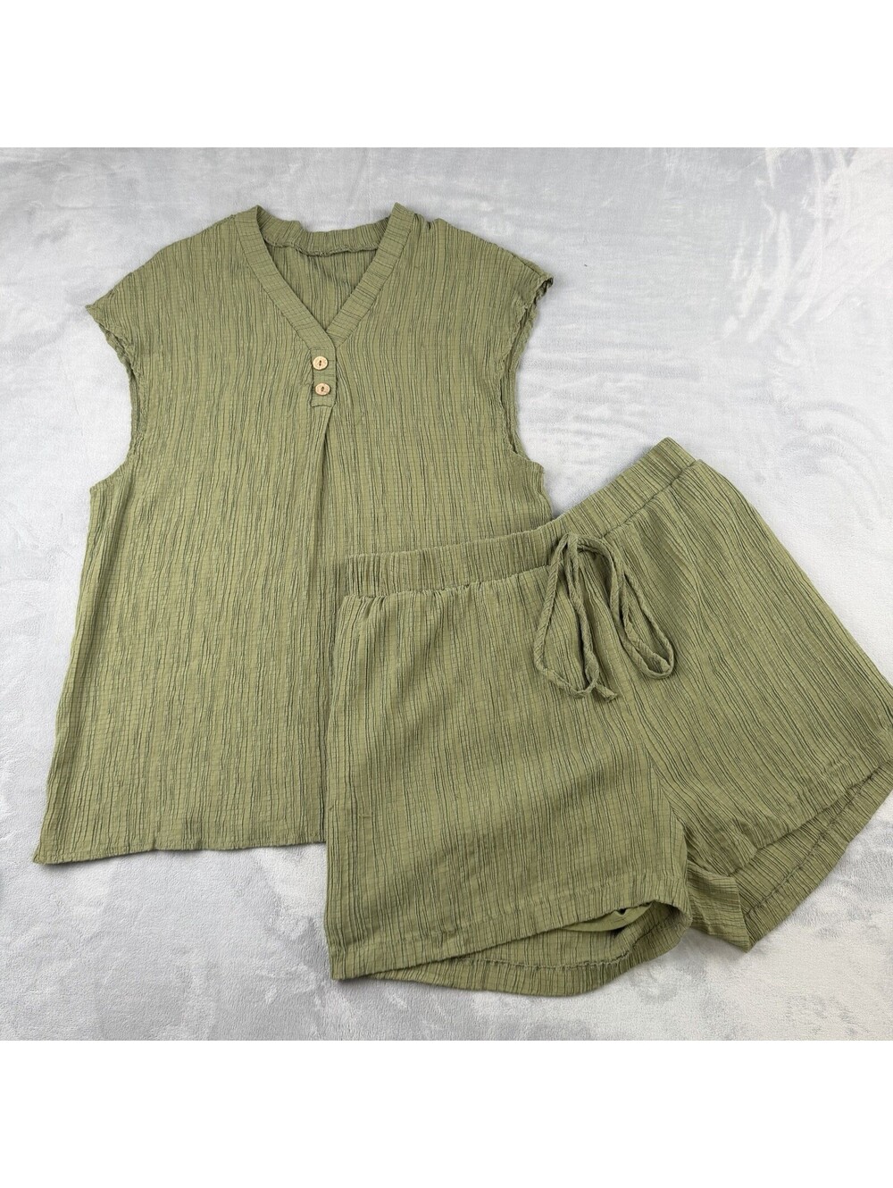 Olive Green Crinkle Gauze 2 Piece Lounge Set V Neck Top Shorts Women XL